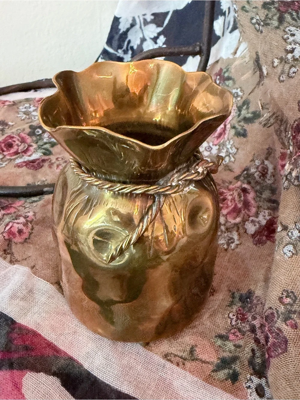 Vintage Money Bag Brass Vase Made in Spain Hammered Rope Trim Boho Decor